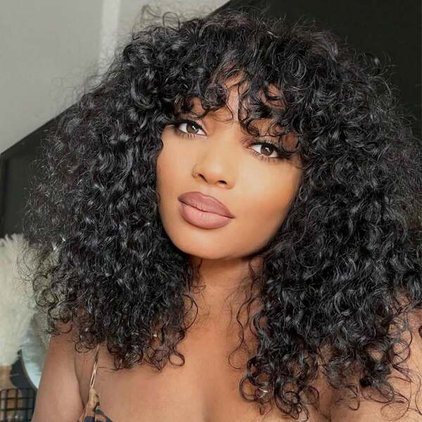 Aopusi Human Hair Wig With Bangs For Glueless Short Water Wave Curly Bob Wigs Human Hair With Bang 210% Density None Lace Wavy Bang Wig 100% Brazilian Virgin Hair Natural Black 200% Density 1B