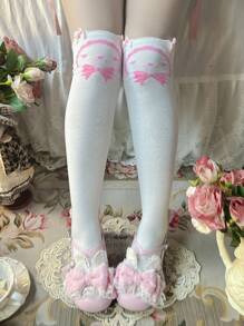 1 par de calcetines de estilo japonés blancos hasta la rodilla con diseño de conejito rosado, lindos y dulces, para mujer