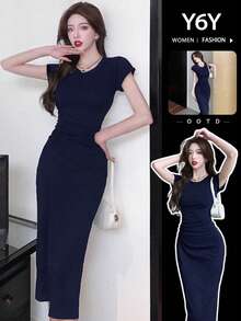 【Y6Y】圆领插肩袖收腰百褶连衣裙|秋冬女装叠穿高端短袖修身简约百搭修身连衣裙 - 藏蓝色 - 查看 3