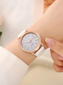 1pc Women's Fashion Grid & Comfy PU Leather Band Quartz Wrist Watch, Casual Style For Students
