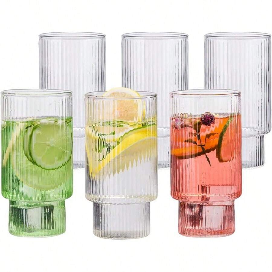Drinking Glasses Set Of 8, 13oz Glass Cups, Kitchen Highball Glasses For Beer, Juice And Cocktail, Collins Water Glasses For Bar Glassware, Unique Gifts For DadSHEIN - 6Pcs Ribbed Glassware - View 1