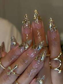 24 件长杏仁金色闪光与水钻装饰设计法式亚克力按压指甲长完美贴合假指甲套装，包含：1 件果冻胶和 1 件指甲锉，易于佩戴的指甲艺术，适合女性女孩日常工作穿着狂欢派对使用指甲用品指甲