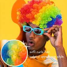 Vibrant Afro Puff Wig - Colorful Clown Costume Hairpiece For Parties, Fans, And Themed Events, Elastic Net Cap, Low-Temperature Fiber, Perfect For Halloween, Cosplay, And Festive Gatherings, Festive Wig Curly Hairst (Random Color, Random Style) - Multicolor - View 6