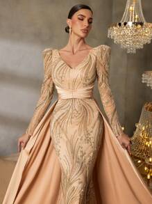 Faeriesty Faeriesty Luxury Beaded Mermaid Evening Gown With V-Neck, Strappy Back & Satin Trains - Formal Dress For Luxury Galas, High-End Parties & Red Carpet Glam