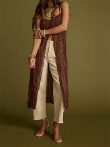 Womens Front Split Long Dress Sleeveless Spaghetti Strap Solid Color Dress Longline Cami Tops - Coffee Brown - View 2