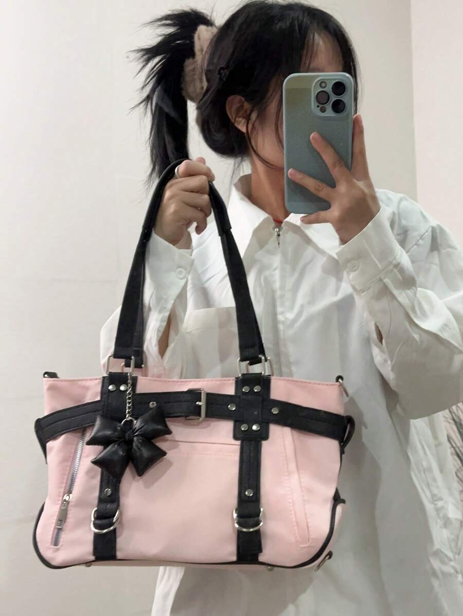 2024 Neue Studentenhandtasche Frauen Große Kapazität Schulter Umhängetasche Süße Motorradtasche Minimalistisches Design Pendler Shopper