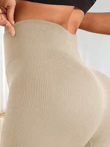 Seamless High Waist Yoga Leggings, Butt Lifting & Tummy Control, 4-Way Stretch & Non-See-Through, Suitable For Running, Gym Etc. In Spring/Summer, Elastic Fabric, Women's Sports Pants - Khaki - View 3