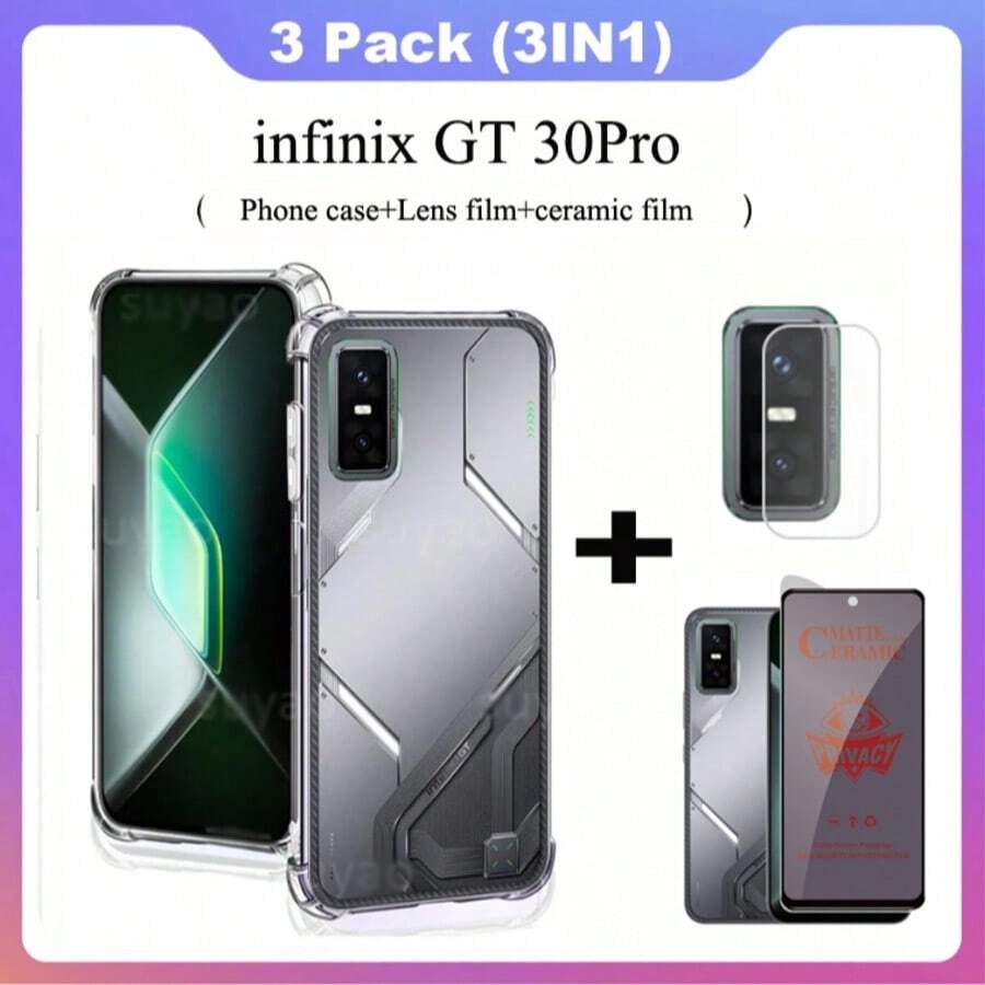 3in1 For Infinix GT 30Pro 5G Four Corner Anti Fall Phone Case Shockproof For Infinix GT 20Pro 5G Phone Case + Privacy Ceramic Protective Film+Lens Film - Transparent - View 1