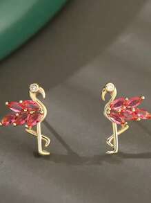 1 Pair Elegant Fashion Copper Inlaid Pink Flamingo Stud Earrings, Cute & Minimalist Animal Gift For Girls, Birthday, Date