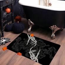 1pc Halloween Skull Pattern Printed Non-Slip Linen Kitchen Rug, Bathroom Mat, Doormat, Home Decor, Halloween Decoration, Halloween Gift, 3D Printed Rectangular, Suitable For Living Room, Bedroom, Hallway, Bathroom, Laundry Room - Polyester Carpet, Indoor & Outdoor Use