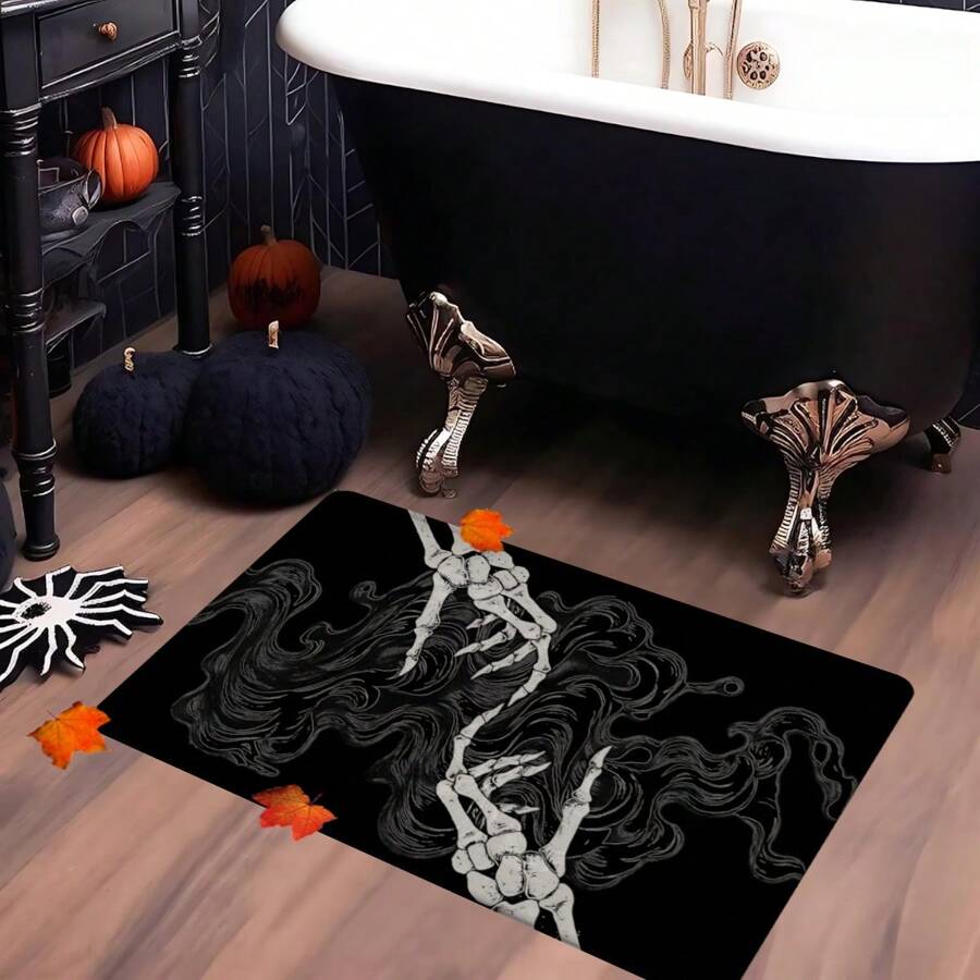1pc Halloween Skull Pattern Printed Non-Slip Linen Kitchen Rug, Bathroom Mat, Doormat, Home Decor, Halloween Decoration, Halloween Gift, 3D Printed Rectangular, Suitable For Living Room, Bedroom, Hallway, Bathroom, Laundry Room - Polyester Carpet, Indoor & Outdoor Use