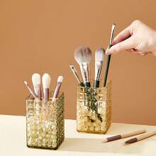 1Pc Transparent Plastic Square Cosmetic Storage Box, Large Capacity Makeup Brush Holder, Desk Storage Container For Lipstick,Eyeliner,Stationery, Multifunctional Makeup Storage Organizer, Suitable For Bathroom, Bedroom, Dormitory, Office - Multicolor - View 8