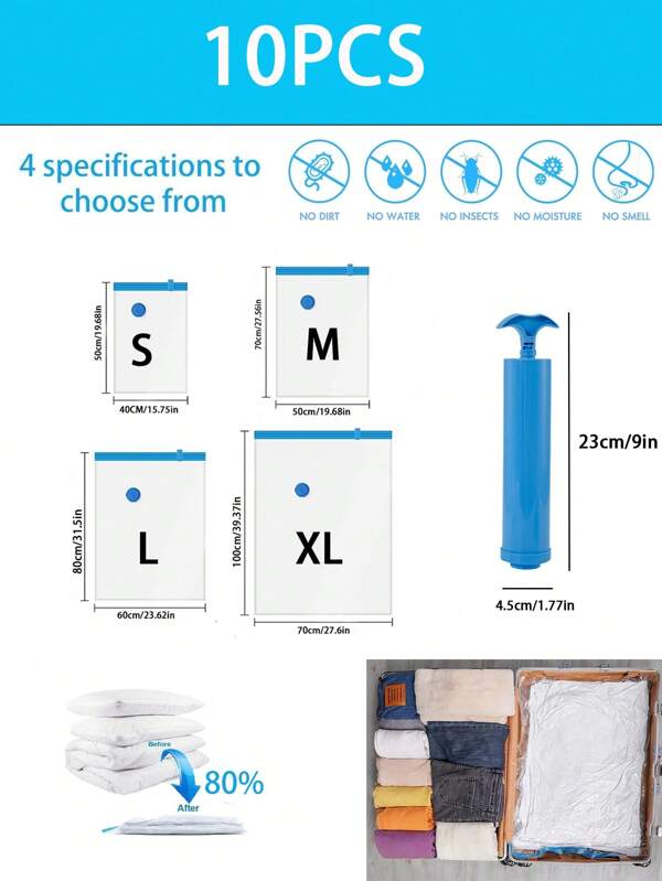 10PCS Vacuum Compression Bags, Travel Storage Bags, Clothes Storage Bags, Household Luggage Bags, Reusable Vacuum Compression Bags That Save 80% Of Space, Suitable For Coats, Shirts, Quilts, Pants, Home, Dormitory, Wall Cabinets, Wardrobes, Bedrooms, Bathrooms, Travel Accessories, Home Storage, Back To School Season