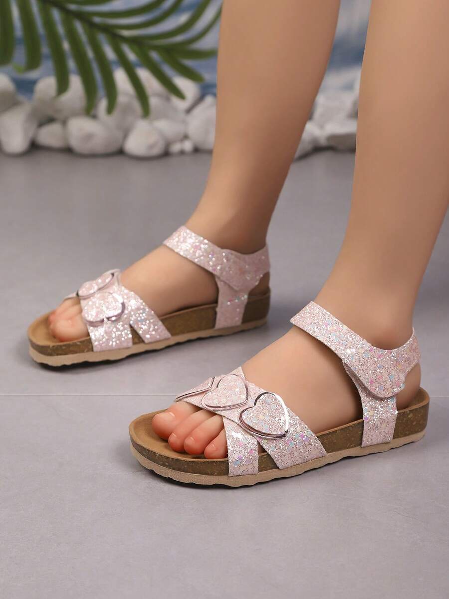 女童夏季凉鞋，软底防滑，闪亮心形设计，甜美休闲沙滩鞋，新款 - 淺粉色 - 查看 1
