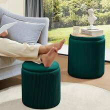 Round Ottoman With Storage Set Of 2 Upholstered Velvet Vanity Stool For Makeup Lines Support 300lbs Ottomans Multifunctional Foot Rest Coffee Table Padded Seat For Living Room&Bedroom-Green - Mint Green - View 7