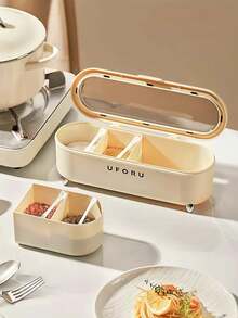 1 pieza Caja de almacenamiento de especias de cocina, estuche de condimentos de 4 rejillas de gran capacidad con tapa antipolvo y cuchara, juego de frascos de condimentos a prueba de humedad, contenedor de almacenamiento de especias, sal y azúcar, accesorios de cocina, adecuado para almacenamiento de especias de cocina, decoración de cocina - Multicolor - Ver 14