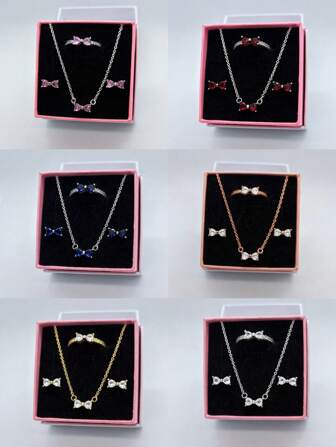 3 PC Original 2025 Newest Bow Multicolor Three-Piece Jewelry Set A Pair Of Silver Earrings, A Silver Ring And A Silver Necklace Are Crafted From Hypoallergenic Materials, Embellished With Dazzling Full-Cut Diamonds And Passionate Red Bow Elements, Featuring Simple Yet Elegant Heart-Shaped Diamond Embellishments, Perfect For Anniversaries, Gifts, Holiday Parties And Daily Wear - Ideal Love Tokens/Limited Time Promotion