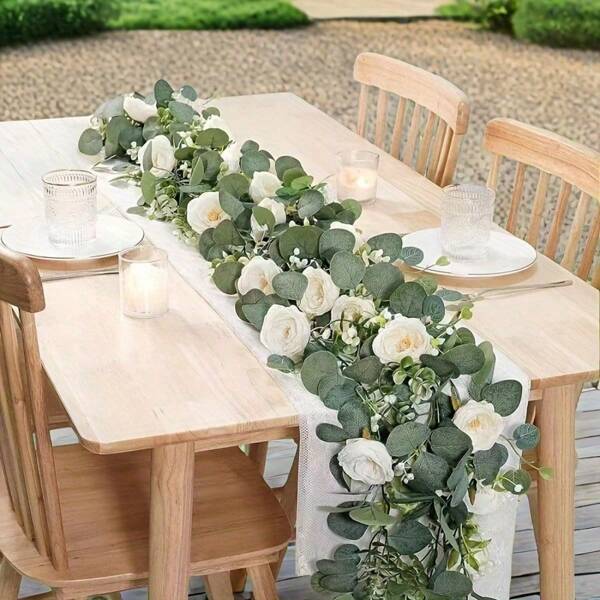 2 Piezas Corona artificial de eucalipto de 70 pulgadas, decorada con rosas blancas y hojas frescas, con enredadera de plástico verde para decoración romántica de bodas, compromisos, fiestas, ambiente de pared interior/exterior, decoración interior y exterior | Enredadera decorativa | Hojas verdes frondosas, decoración de eucalipto