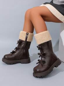 5-18 Years Old Girls' Fashion British Style Vintage Mid-Calf Boots, Thermal Lined V-Neck Warm Winter Boot With Cute Bow, Versatile & Soft, Rubber Sole Outdoor Anti-Slip Wear-Resistant Children Long Tube Boot, 2025 New Brown Matte High Tube Boots