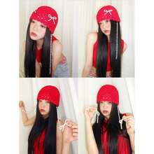 DIY Pearl Bow Pendant Hollow Handmade Knitted Pullover Hat Street Breathable Short Brim Personalized Skull Beanie Cap Korean - Red - View 7