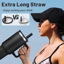 40 Oz Water Bottle Tumbler With Flip Straw - Wide Mouth Travel Coffee Mug With Handle, Reusable Leakproof Stainless Steel Vacuum Insulated Traveler Cup For Hot & Cold Drink - 黑色 - 查看 8
