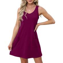 OFEEFAN Womens Summer Dresses 2025 V Neck Sleeveless Sundresses With Pockets Beach Vacation Clothes Floral/Plain - B 純勃根地酒紅 - 查看 3