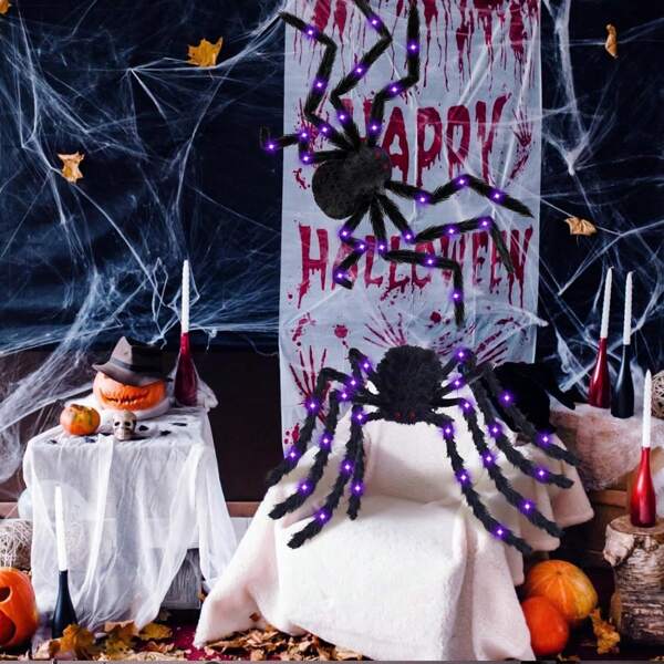 8pcs Halloween Glow-In-The-Dark Fluffy Spider, Outdoor Decorations Hanging Web Spiders, Spooky Purple Glowing Realistic Insect Prank