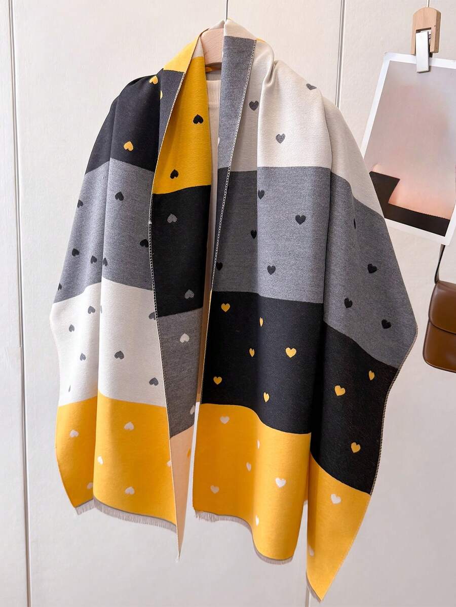 1pc Women Faux Cashmere Multi-Color Patchwork Heart Pattern Jacquard Knit Shawl Cardigan, Thick And Warm For Daily Use - Multicolor - View 1