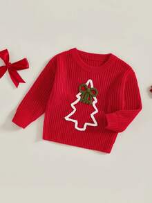 Suéter navideño para niñas pequeñas, informal, con lazo y bordado de árbol de Navidad, jersey de punto para bebés, ropa cálida - Rojo - Ver 2