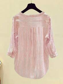 Women's Casual Striped V-Neck Loose Fit 3/4 Sleeve Shirt, Suitable For Spring/Summer Holiday - Baby Pink - View 2