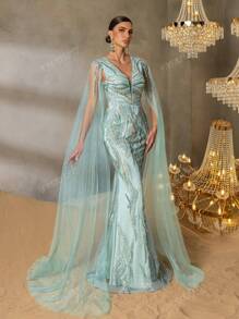 Faeriesty FAERIESTY Opulent Beaded V-Neck Evening Gown With Floor-Length Sheer Sleeves, Mermaid Silhouette & Dramatic Train | Luxury Red Carpet Dress For Galas, Formal Dinners, Wedding Receptions, Opera Galas, And Black-Tie Balls