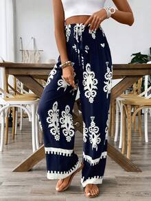 Women's Waistband Drawstring Floral Print Casual Pants, Asymmetric