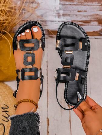 여성용 버클 플랫 샌들, 솔리드 컬러 보헤미안 PU 가죽 플랫 샌들 - 해변, 웨딩, 파티, 사무실, 가정, 여름용