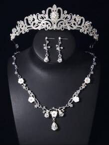 4pcs/Set Girls Kids Rhinestone Tiara Crown + Necklace + Earrings Luxury Jewelry Set, Suitable For Stage Performance, Party, Birthday, Holiday Dress Up, Fits Toddlers And Older Children