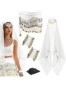 4pcs Belly Dance Costume Set, Including Chiffon Hip Scarf, Headscarf With Coins, And 2pcs Coin Bracelets, Halloween Theme - Multicolor - View 16