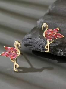 1 Pair Elegant Fashion Copper Inlaid Pink Flamingo Stud Earrings, Cute & Minimalist Animal Gift For Girls, Birthday, Date