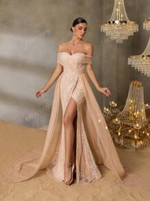 Faeriesty Faeriesty Chic & Glamorous Beaded Off-Shoulder Short Sleeve Maxi Party Dress With Layered Tulle Skirt And High Slit For Red-Carpet Galas, Black-Tie Dinners, Luxury Wedding Receptions, Exclusive Banquets, Formal Charity Events​