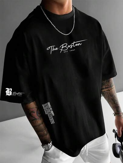 加大码男士街头时尚标语印花圆领T恤