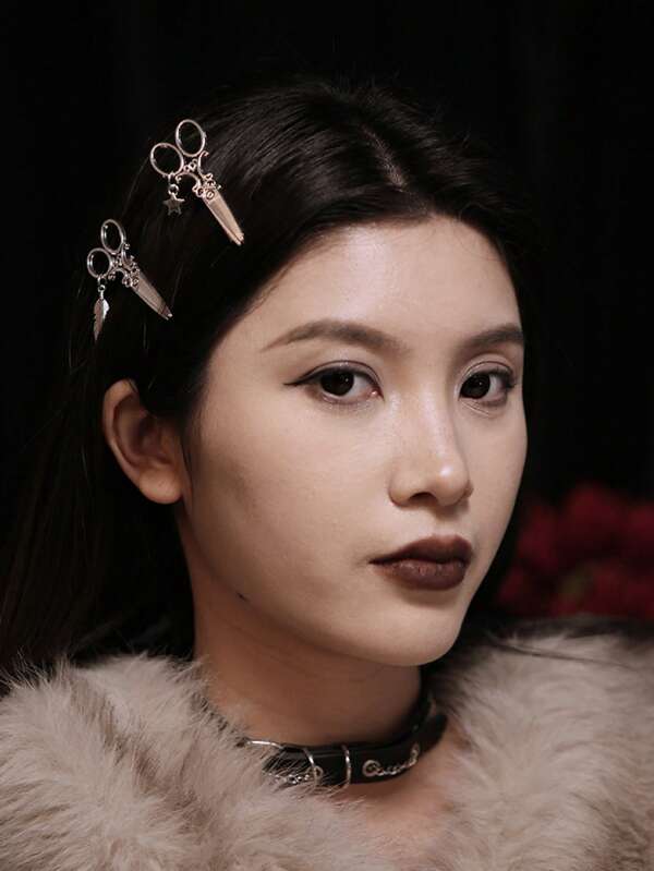 Metal Raw Color Scissors Star Feather Design Hair Clips, Korean Indie Punk Style, Suitable For Commuting ,Hair Accessory, Claw Clips, Hair Slide, Hair Claws