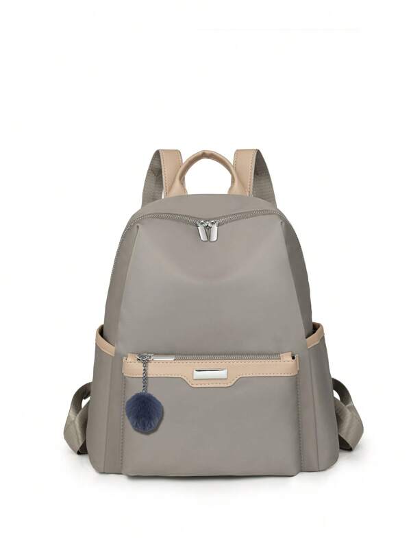 Women's Backpack, Color Block Casual Daypack, Suitable For Students, Outdoor Sports, Lightweight, Minimalist Design With Pom Pom Decor