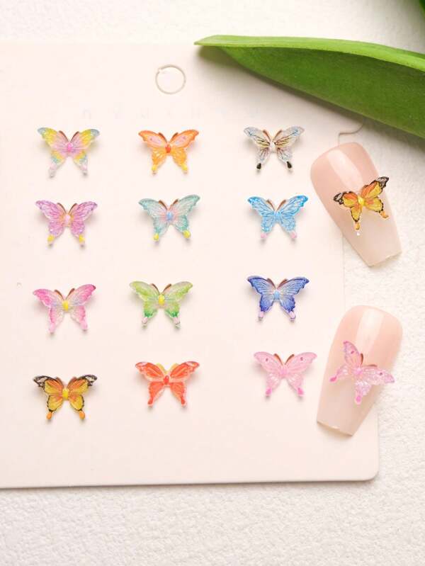 55 pièces/set Décoration d'ongles 3D papillon multicolore fluorescent dans le noir, imprimés de papillons de fée, strass, accessoires de bijoux d'ongles DIY