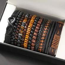 12pcs Multi-Color Men's Beaded Leather Bracelet, Retro Artificial PU Wood Bead Stone Handmade Beaded Elastic Cord Bracelet For Men, Birthday Gift, Daily Outfit, Christmas Gift