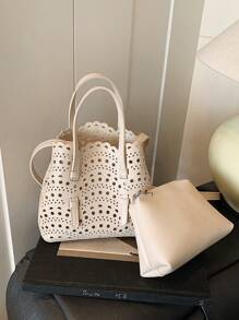 2 piezas Bolso de hombro tipo tote con diseño calado y bolsillo interior de moda