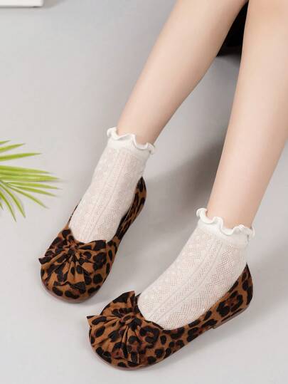 Kids Shoes, Leopard Print With Bow Tie, Easy To Match, Showcasing Fashionable Design And Versatility For Daily Wear