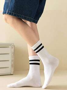 5 Pairs/10 Pairs White, Black, Gray Solid & Double Stripe Neutral Mid-Calf Socks, Everyday, Minimalist, Elegant Mid-Calf Socks - Multicolor - View 3