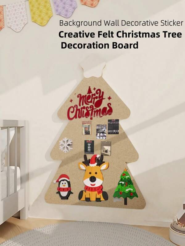 1pc Self-Adhesive Reusable Felt Christmas Tree Shape Decoration Board, Notice Board For Photos, Memos, Suitable For Holiday Decor, Room Decor, Wall Covering, Office Memo, Fits Bedroom, Study, Living Room, Office, Dorm And Various Backgrounds
