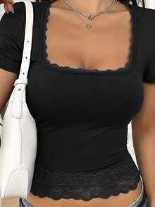 Women Summer Basic T-Shirt Casual Lace Patchwork Fitted Short Sleeve Tops For Streetwear Aesthetic Grunge Clothes - Black - View 3