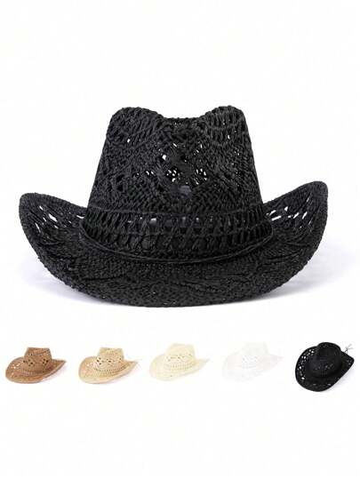 1 stuk vintage strohoed met holle, gekrulde rand en brede rand, heren- en dameszonnehoed met strik voor buiten, handgemaakte, geweven, ademende western cowboy panamahoed