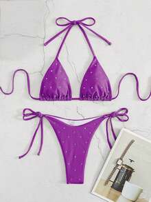 New Arrival Rhinestone Embellished Women European & American Style Bikini Two-Piece Swimsuit Set - Violet Purple - View 3