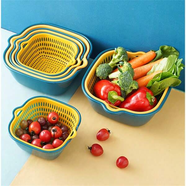 Thickened Double-Layer Drain Basket Six Pieces Set Of Vegetable Washing Basin Kitchen Multi-Functional Living Room Household Fruit Bowl Washing Fruit Vegetable Basket Slightly Flawed